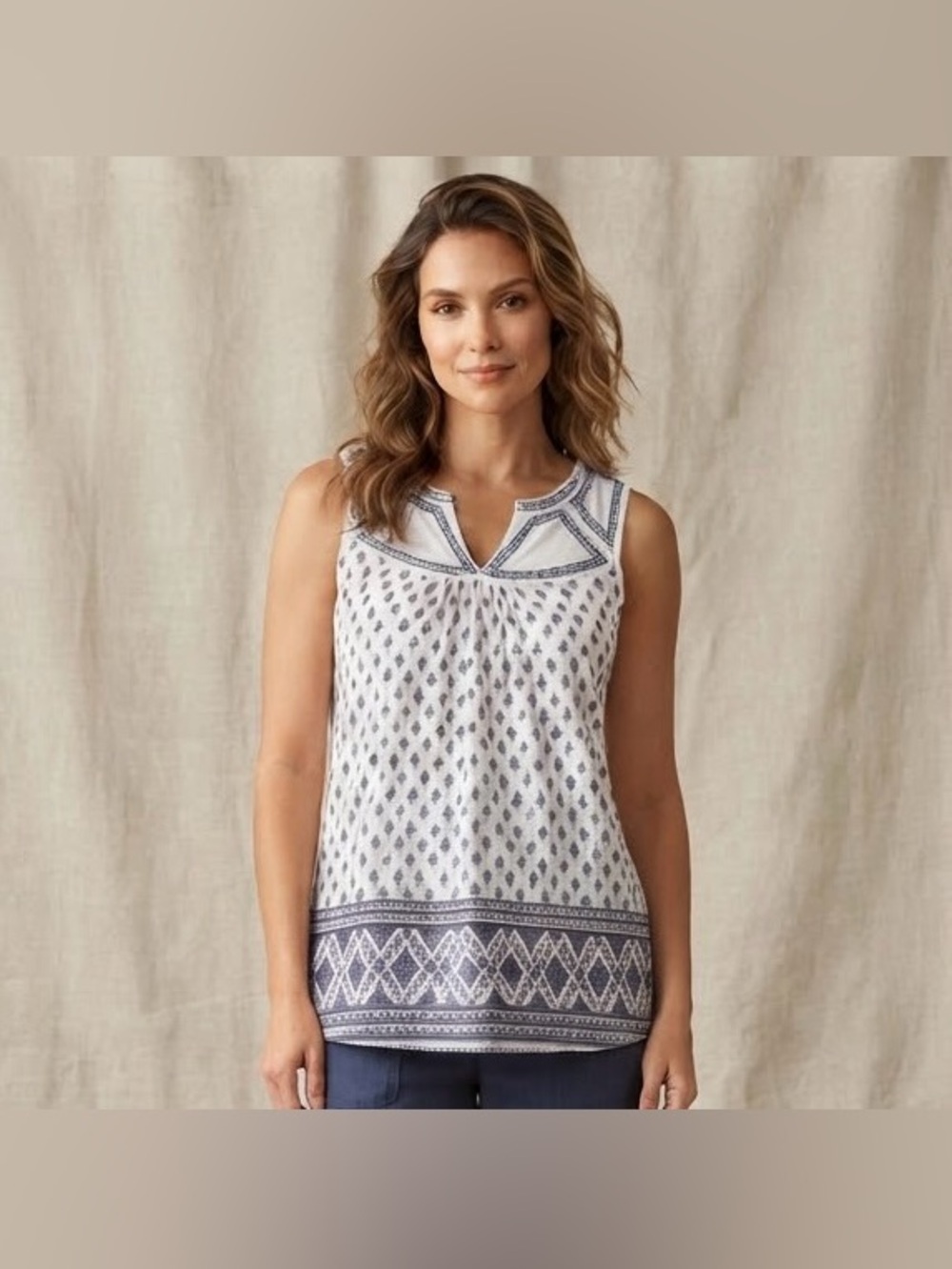Dalia Blue White Geometric Print Sleeveless Embroidered Tank Top Size Large Boho